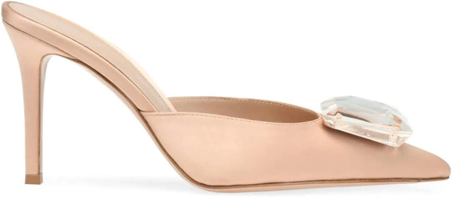 Woman Heeled Mules Rhinestone Pointy Closed Toe Sandals Kitten High Heels Sandals Summer Slip on Mule Heels Bridal Dress Shoes