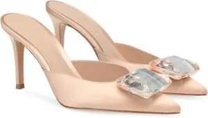 Woman Heeled Mules Rhinestone Pointy Closed Toe Sandals Kitten High Heels Sandals Summer Slip on Mule Heels Bridal Dress Shoes