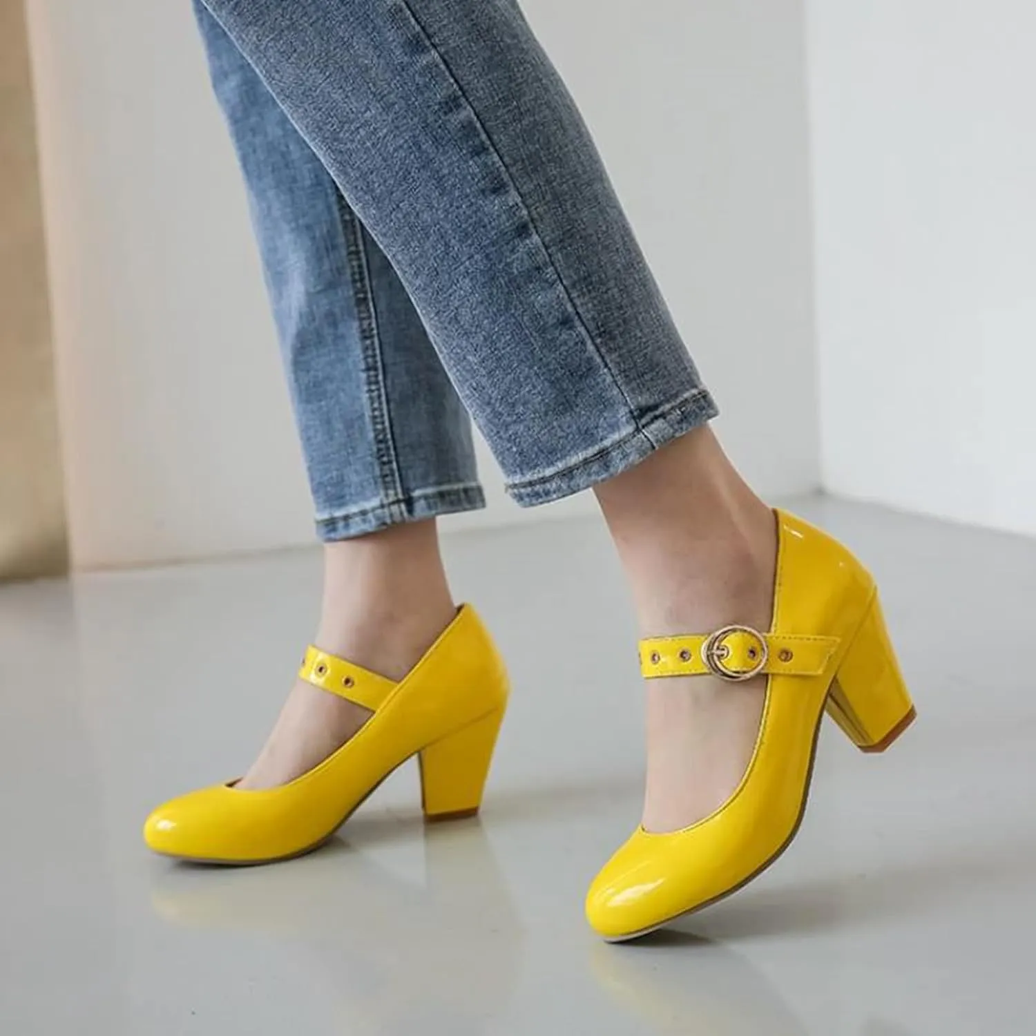 Women Chunky High Heel Mary Jane Pumps Faux Leather Buckle Strap Oxford Round Toe Party Dress Shoes