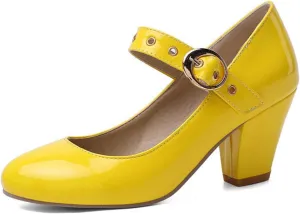 Women Chunky High Heel Mary Jane Pumps Faux Leather Buckle Strap Oxford Round Toe Party Dress Shoes