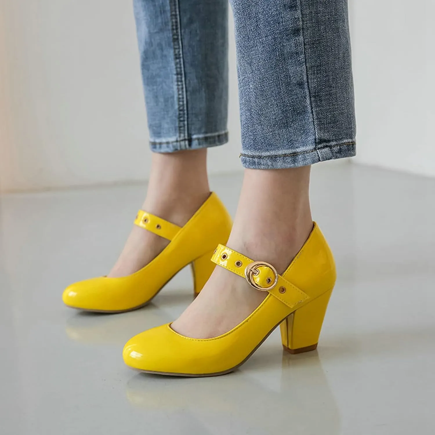Women Chunky High Heel Mary Jane Pumps Faux Leather Buckle Strap Oxford Round Toe Party Dress Shoes