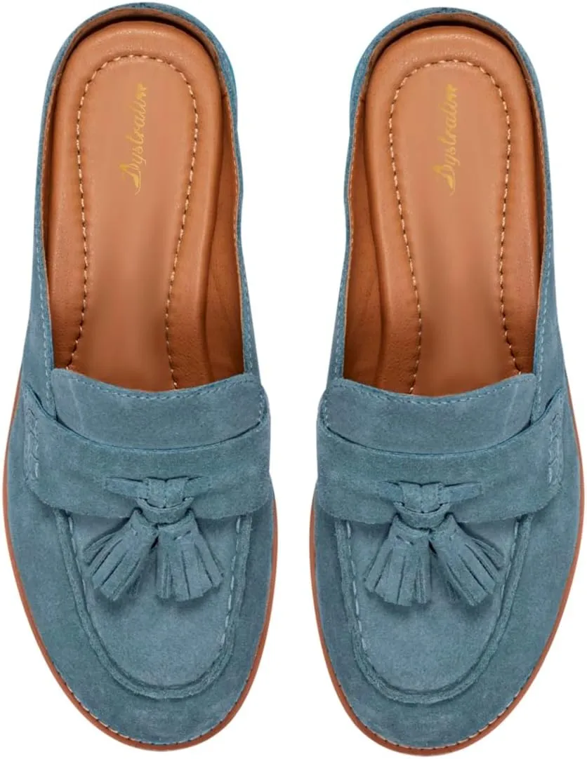 Women Flat Tassel Mules Closed Round Toe Slip On Fringe Loafers Backless 1 Inch Low Chunky Stacked Heeled Sandals Suede Metallic Slip-Ons Clogs Comfy Slide Slippers Daily Casual 4-11 M US