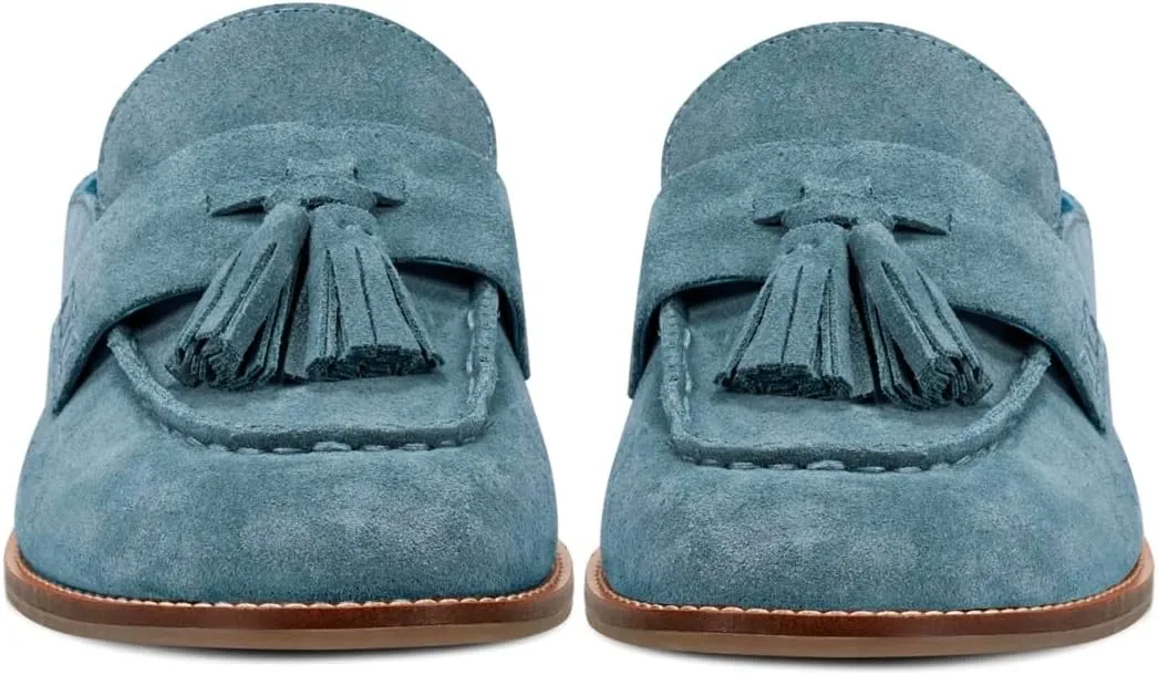 Women Flat Tassel Mules Closed Round Toe Slip On Fringe Loafers Backless 1 Inch Low Chunky Stacked Heeled Sandals Suede Metallic Slip-Ons Clogs Comfy Slide Slippers Daily Casual 4-11 M US