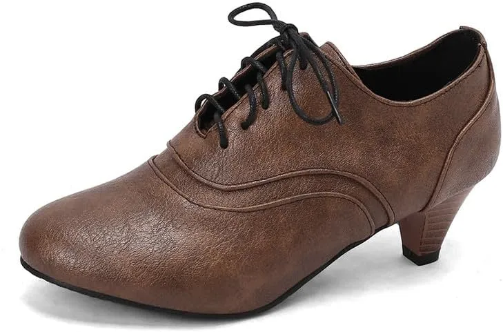 Women Lace Up Shoes Round Toe Cone Heels