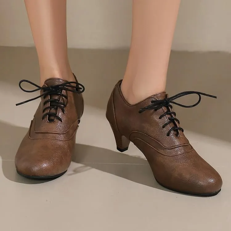 Women Lace Up Shoes Round Toe Cone Heels