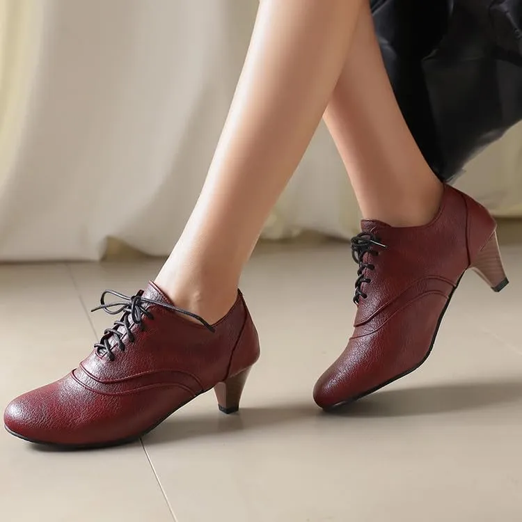 Women Lace Up Shoes Round Toe Cone Heels