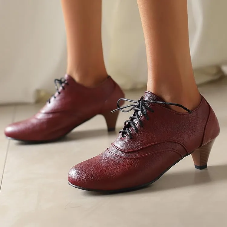 Women Lace Up Shoes Round Toe Cone Heels