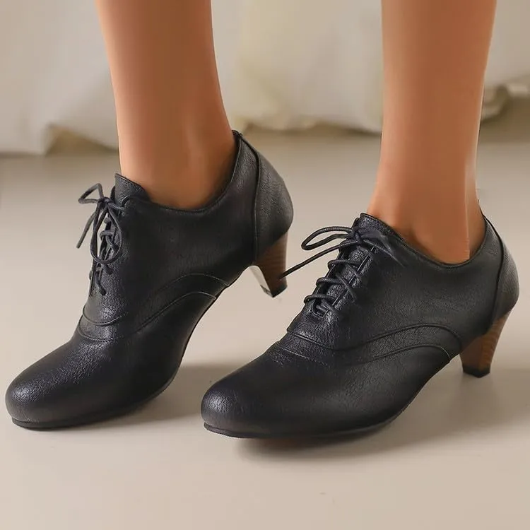 Women Lace Up Shoes Round Toe Cone Heels
