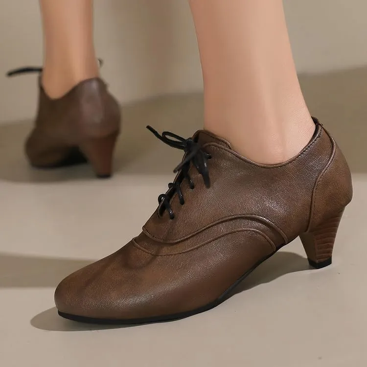 Women Lace Up Shoes Round Toe Cone Heels