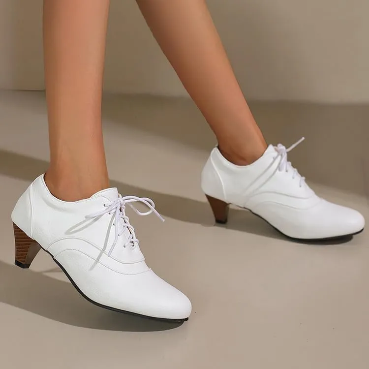 Women Lace Up Shoes Round Toe Cone Heels