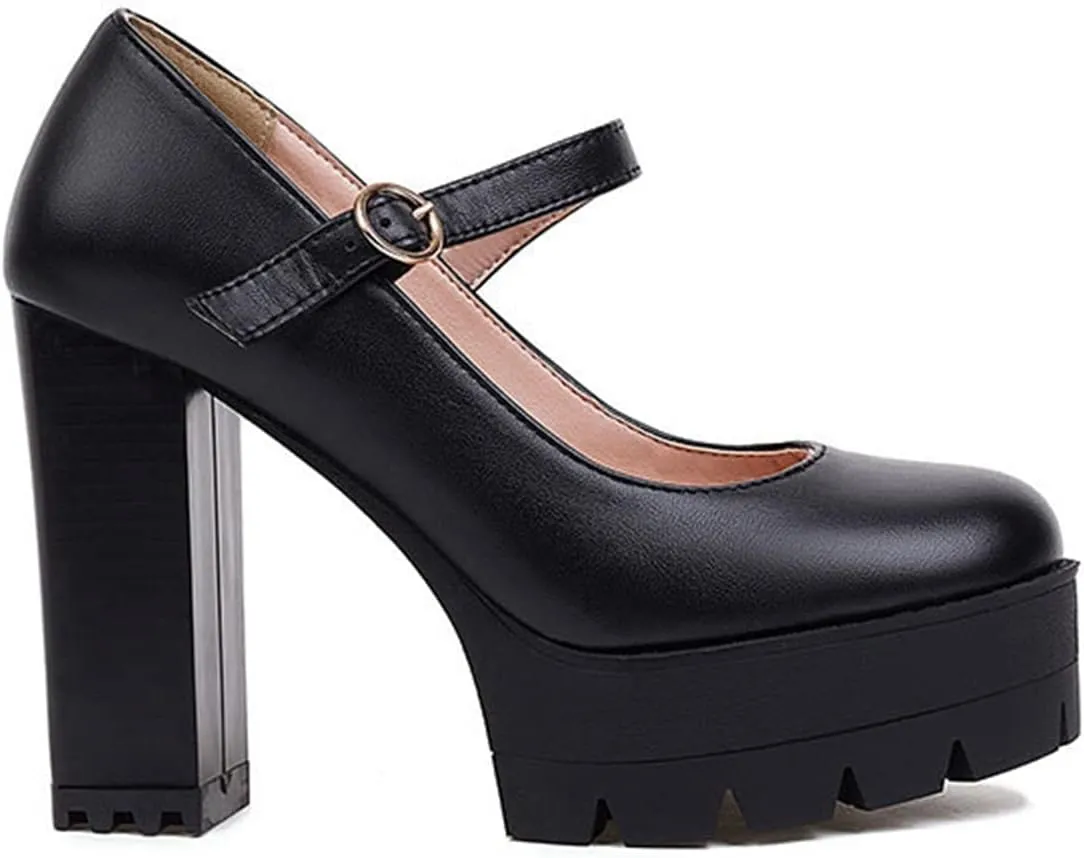 Women's Ankle Strap Oxford Pumps Round Toe Gothic Platform Chunky High Heel Mary Jane Dress Shoes