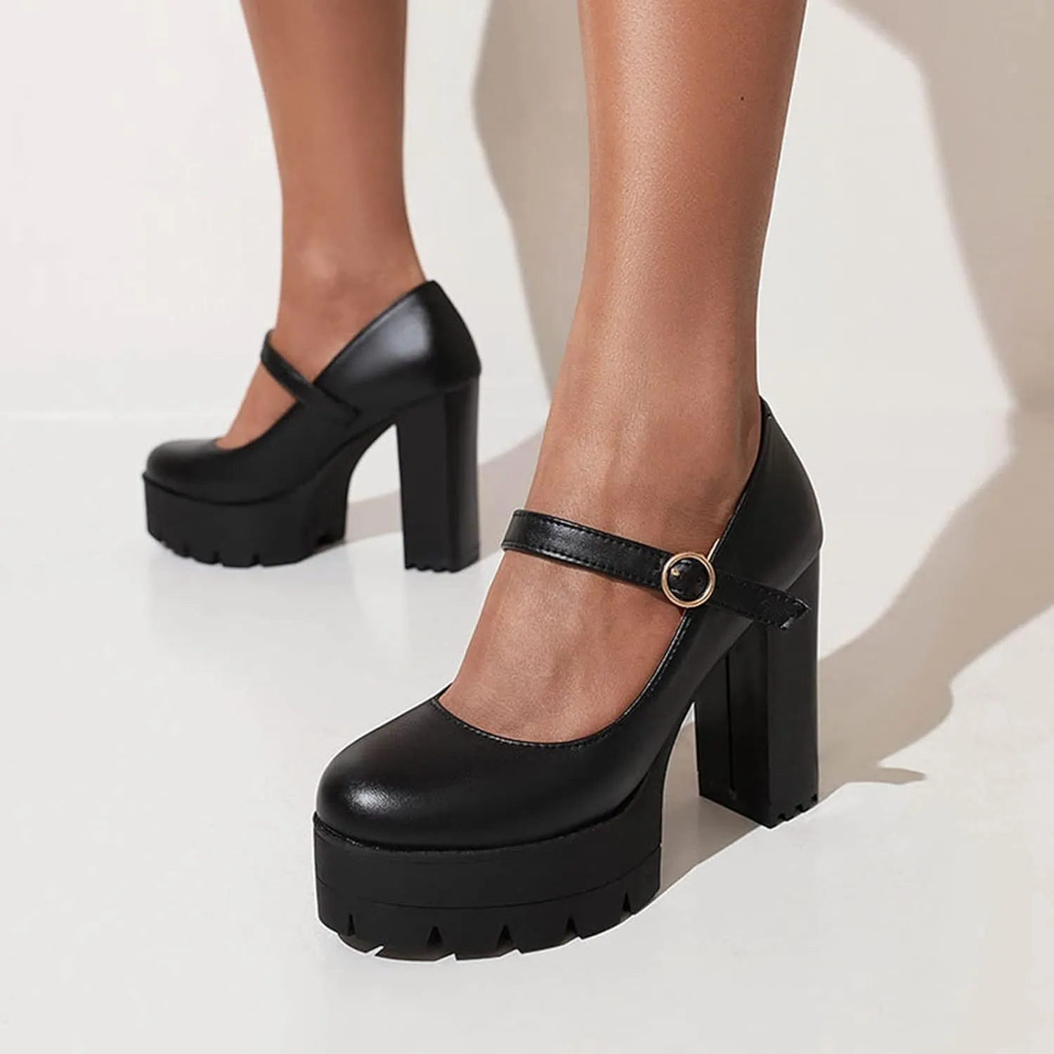 Women's Ankle Strap Oxford Pumps Round Toe Gothic Platform Chunky High Heel Mary Jane Dress Shoes