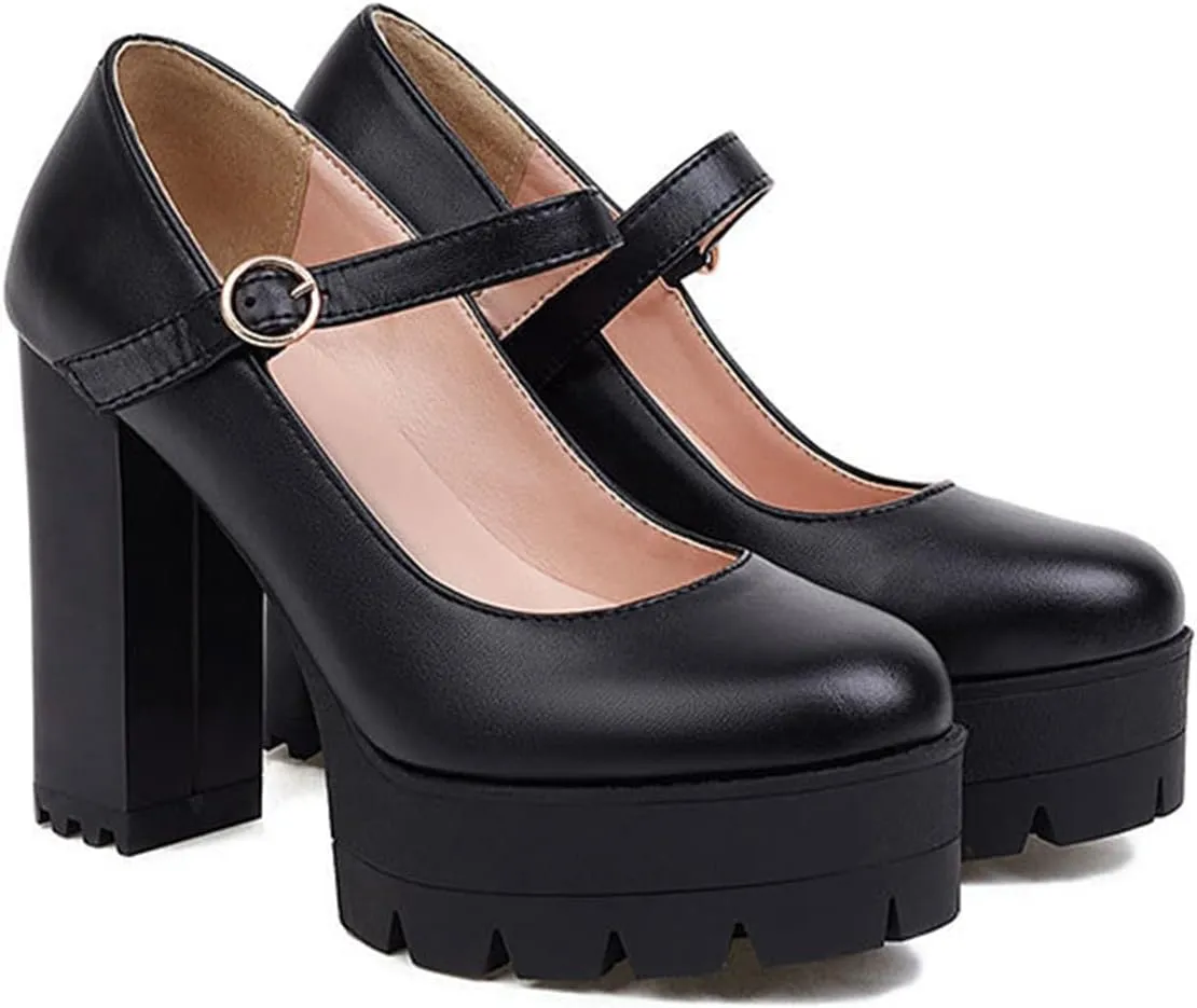 Women's Ankle Strap Oxford Pumps Round Toe Gothic Platform Chunky High Heel Mary Jane Dress Shoes