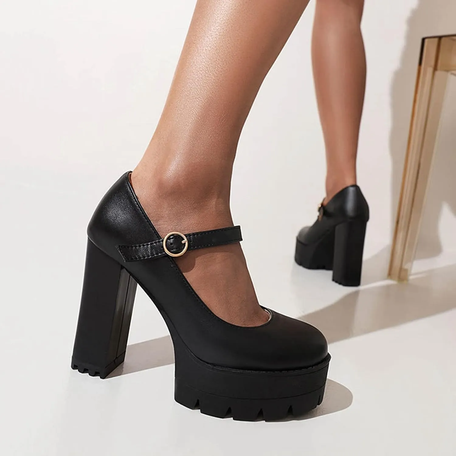 Women's Ankle Strap Oxford Pumps Round Toe Gothic Platform Chunky High Heel Mary Jane Dress Shoes