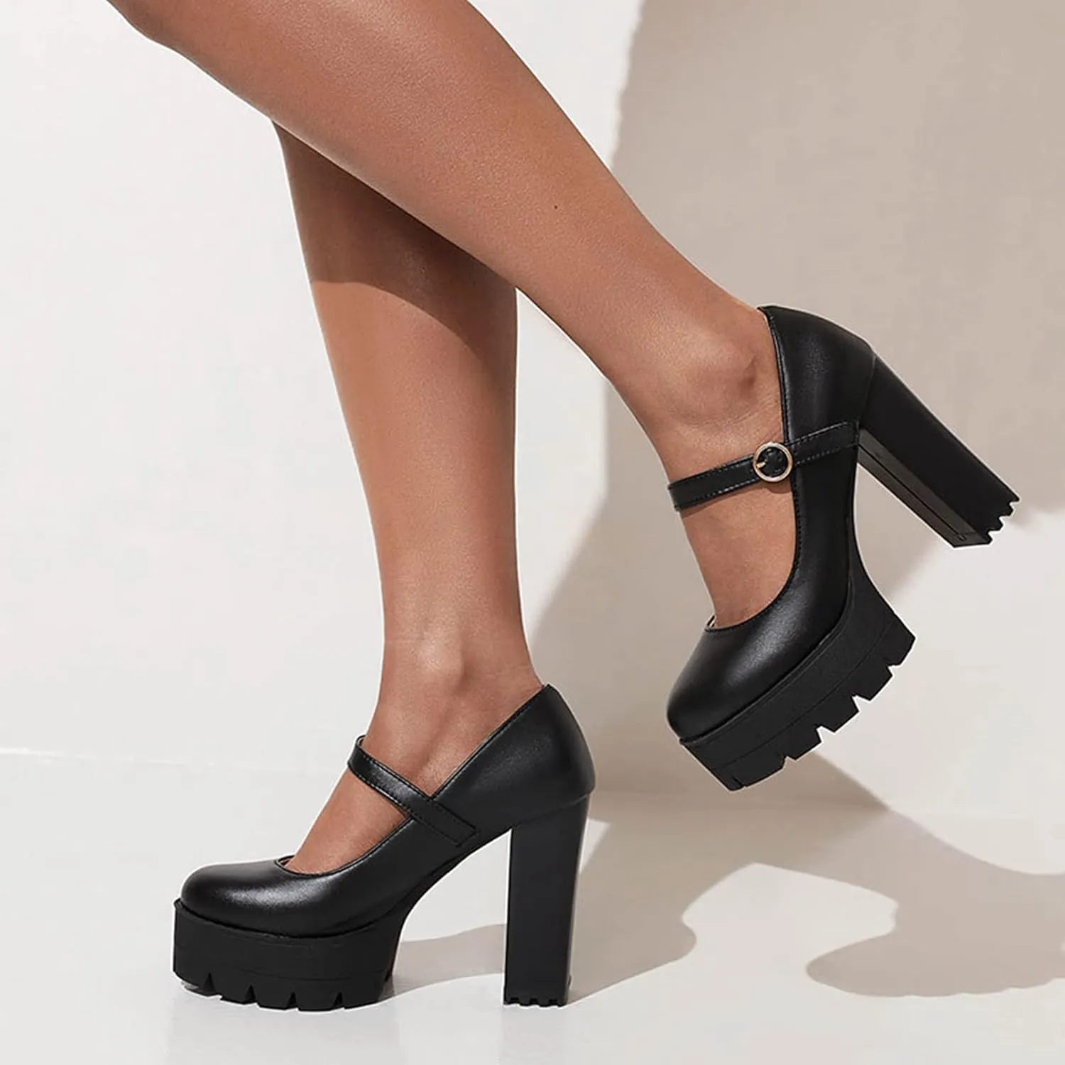 Women's Ankle Strap Oxford Pumps Round Toe Gothic Platform Chunky High Heel Mary Jane Dress Shoes