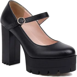 Women's Ankle Strap Oxford Pumps Round Toe Gothic Platform Chunky High Heel Mary Jane Dress Shoes