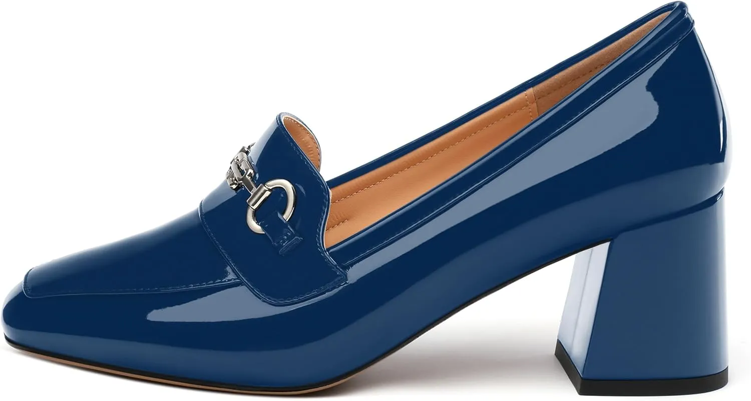 Women's Block Heel Bit Loafer, Square Closed Heel Pumps,Elegant and Comfortable Penny Loafers,Commuter Dress Shoes