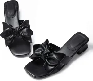 Womens Bow Dressy Low Heel Sandals Slides Summer Chunky Block Heeled Open Toe Mules Slip on Slippers Shoes