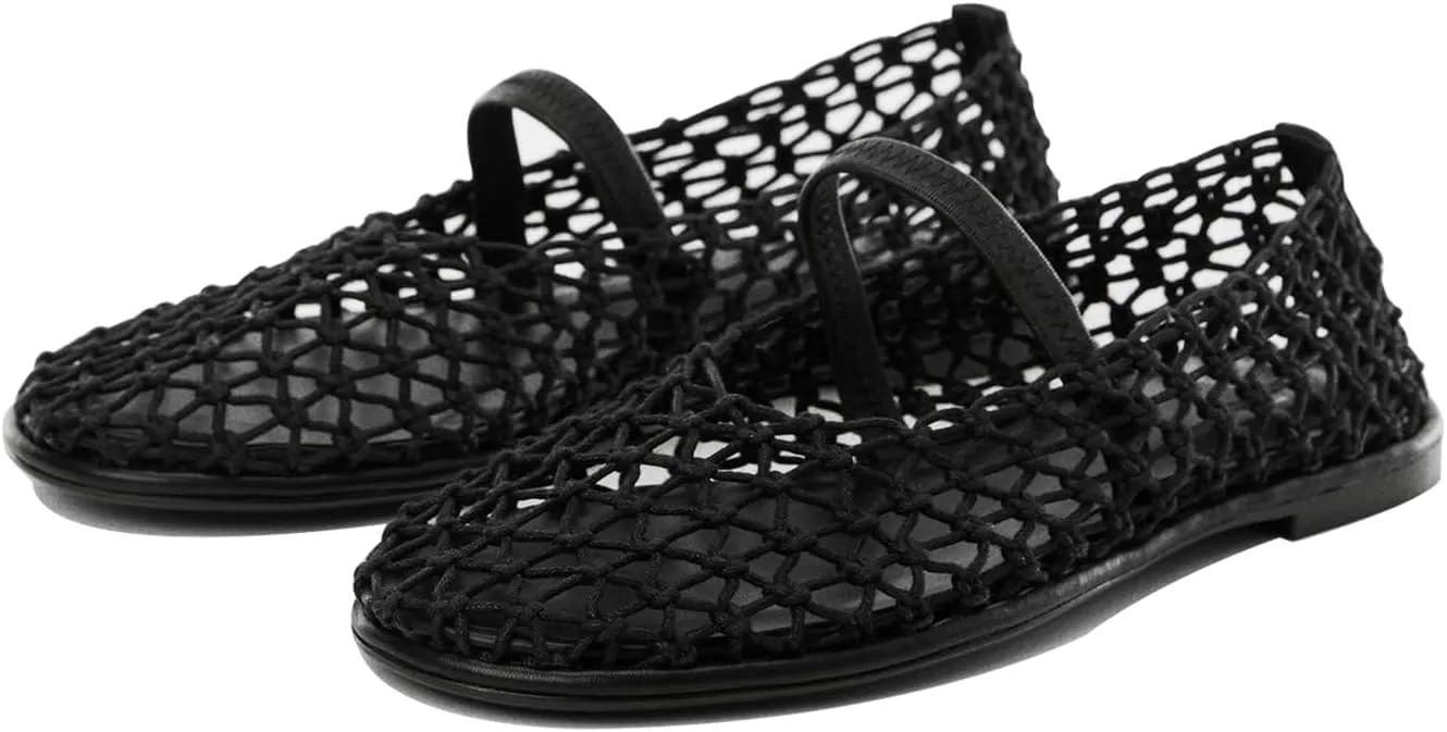 Women's Breathable Mesh Knit Ballet Flats, Square Toe Studded Mary Jane Shoes with Buckle Strap, Comfy Supportive Casual Office Ballerina Flat Shoes