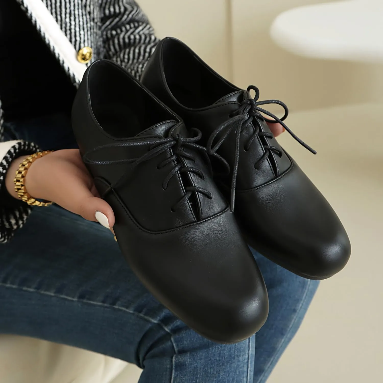 Women's Casual Dress Oxford Shoes, Vintage Brogue Saddle Oxfords, Wingtip Round Toe Lace up Shoes