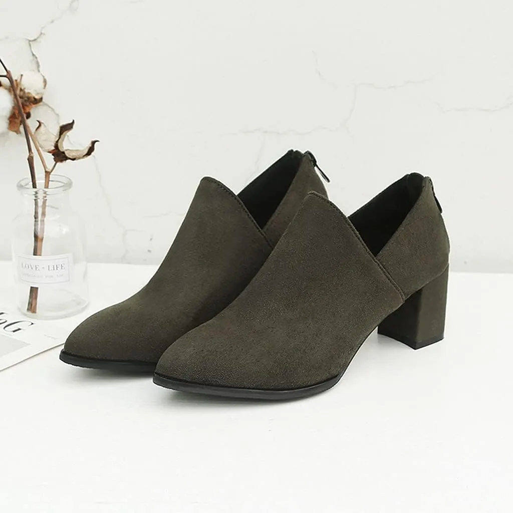 Women's Chunky Block High Heel Pump Oxfords Suede Round Toe Slip On Vintage Brogue Office Dress Shoes