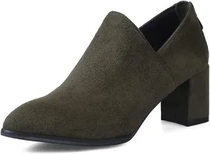 Women's Chunky Block High Heel Pump Oxfords Suede Round Toe Slip On Vintage Brogue Office Dress Shoes