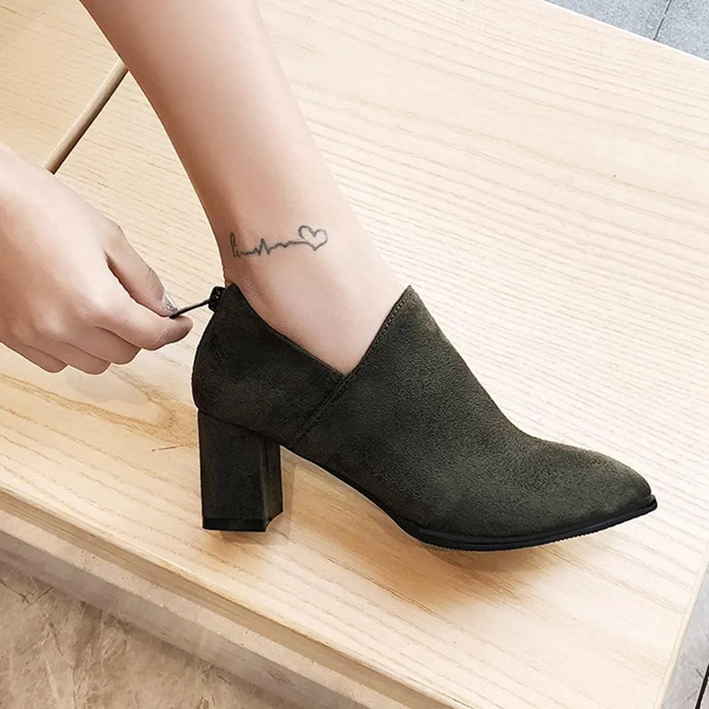 Women's Chunky Block High Heel Pump Oxfords Suede Round Toe Slip On Vintage Brogue Office Dress Shoes
