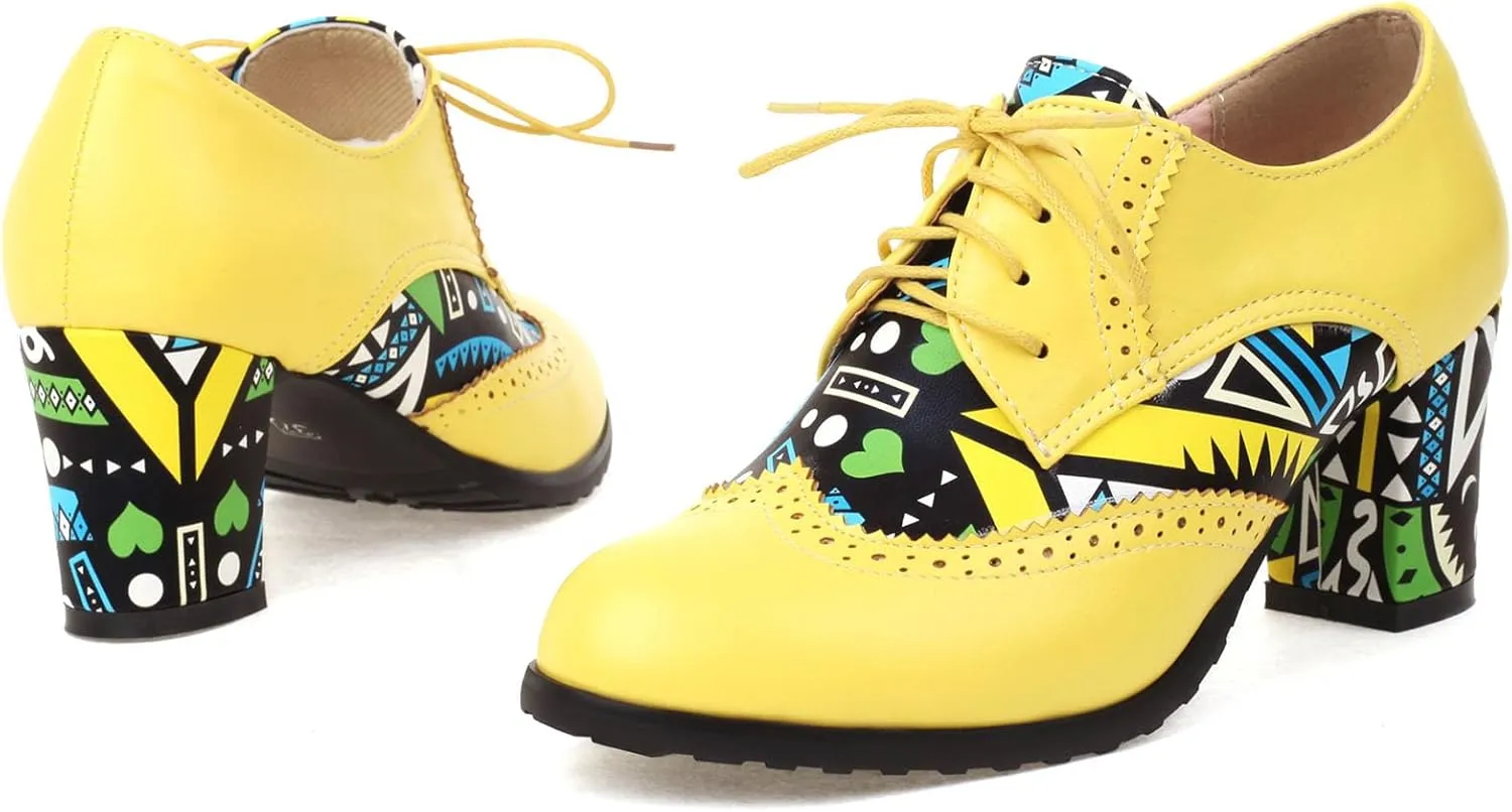Women's Chunky Heels Oxfords Pumps Block High Heels Round Toe Lace Up Brogues Shoes