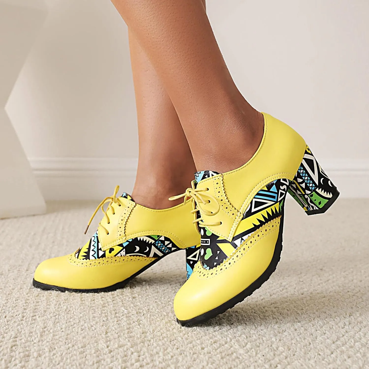 Women's Chunky Heels Oxfords Pumps Block High Heels Round Toe Lace Up Brogues Shoes