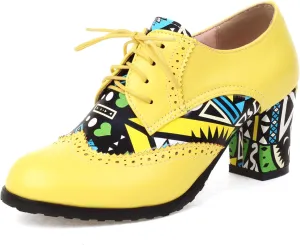 Women's Chunky Heels Oxfords Pumps Block High Heels Round Toe Lace Up Brogues Shoes