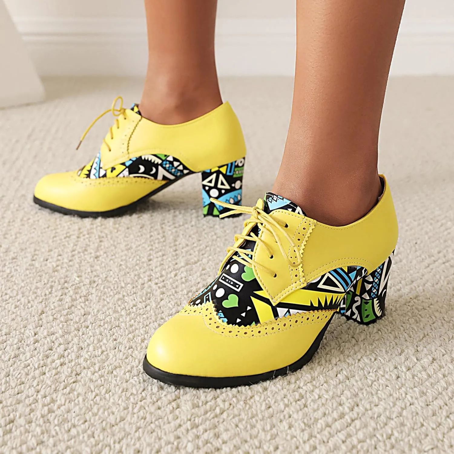 Women's Chunky Heels Oxfords Pumps Block High Heels Round Toe Lace Up Brogues Shoes