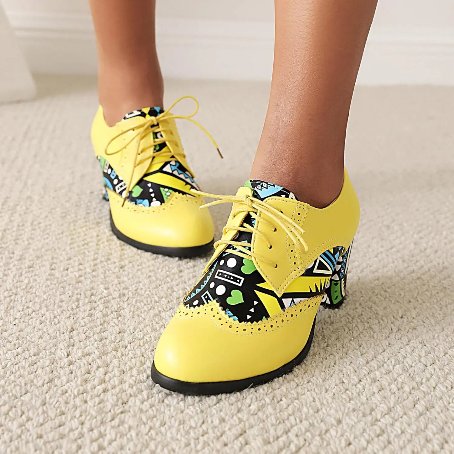 Women's Chunky Heels Oxfords Pumps Block High Heels Round Toe Lace Up Brogues Shoes