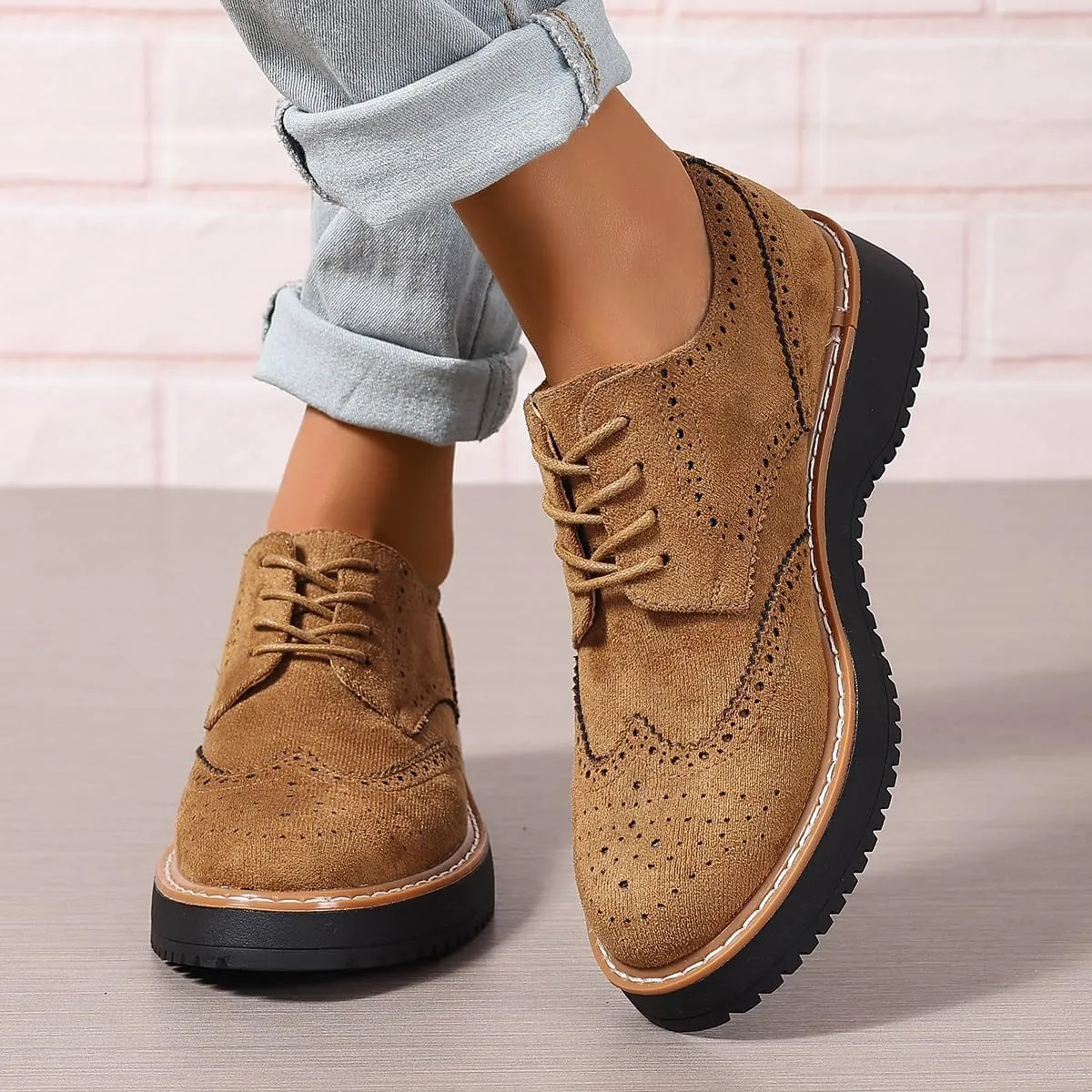 Women's Chunky Platform Lace-Up Round Toe Oxfords Shoes Non-Slip Comfort Casual Dressy School Work Loafers