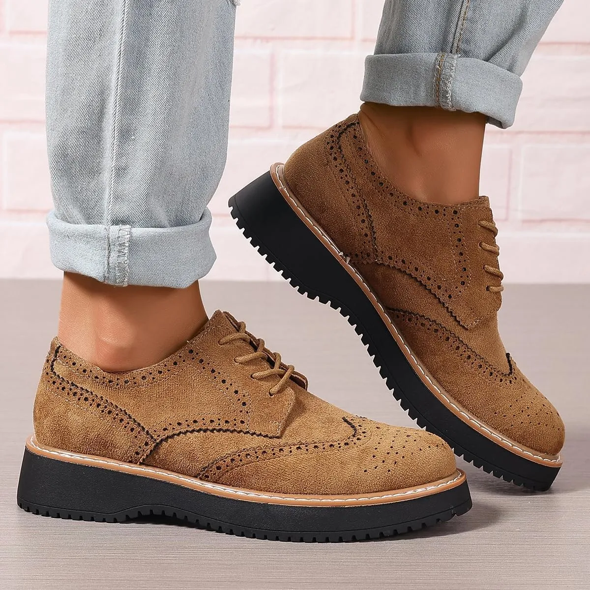 Women's Chunky Platform Lace-Up Round Toe Oxfords Shoes Non-Slip Comfort Casual Dressy School Work Loafers
