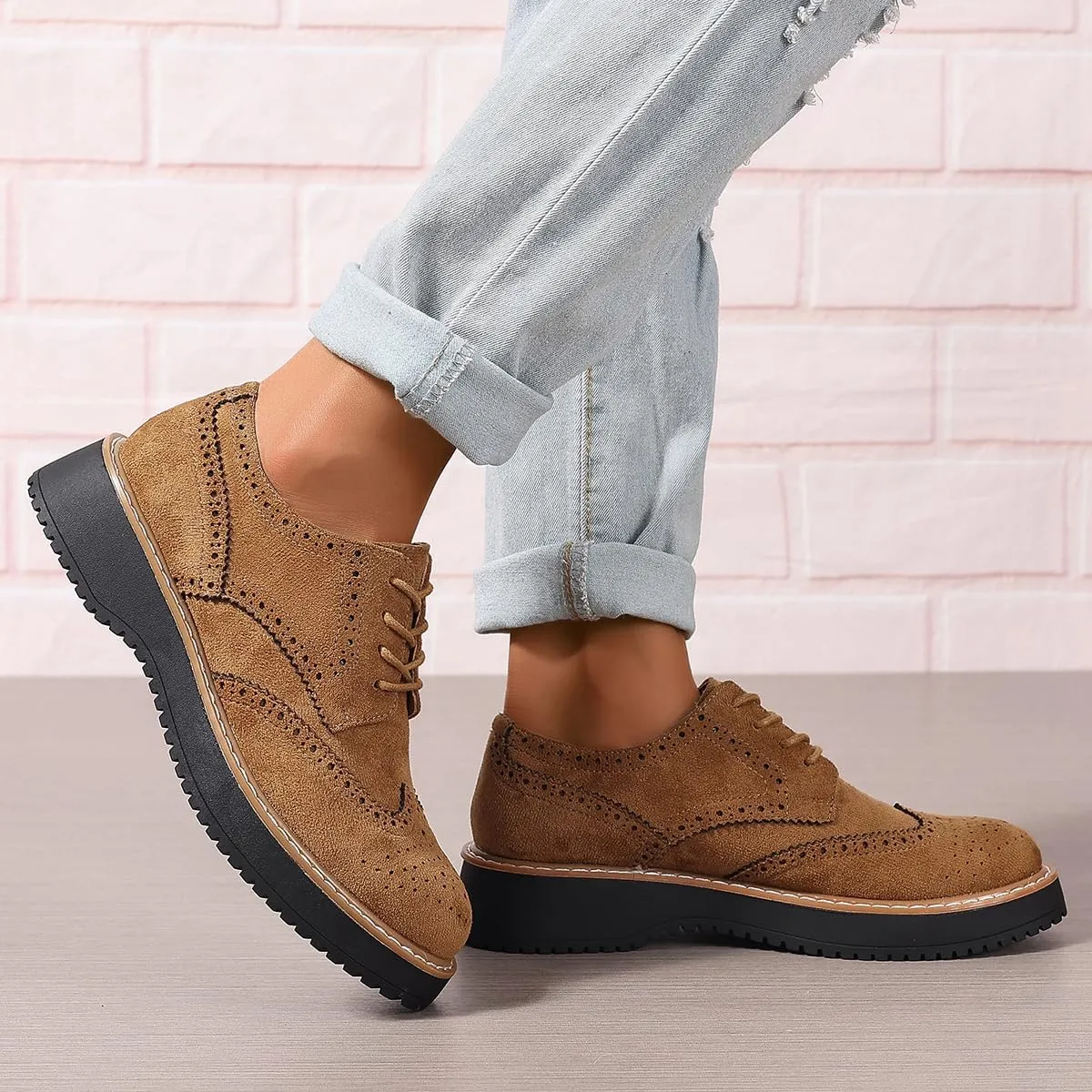Women's Chunky Platform Lace-Up Round Toe Oxfords Shoes Non-Slip Comfort Casual Dressy School Work Loafers