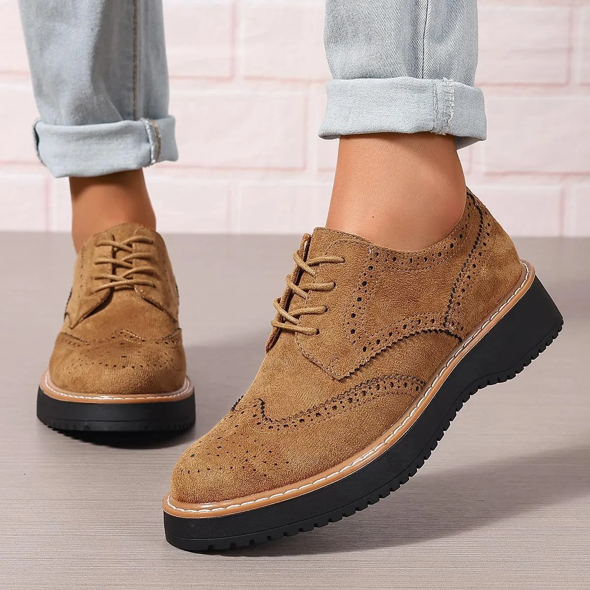 Women's Chunky Platform Lace-Up Round Toe Oxfords Shoes Non-Slip Comfort Casual Dressy School Work Loafers