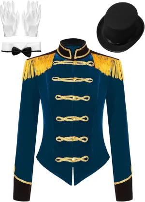 Women's Circus Ringmaster Costume Velvet Showman Jacket Lion Trainer Cosplay Costumes with Hat Bow Collar Gloves