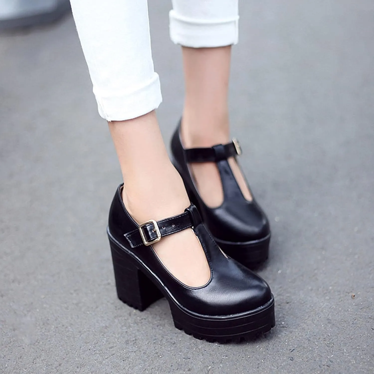 Women's Classic Platform Oxford Pumps T-Strap Chunky High Heel Fashion PU Leather Round Toe Dress Shoes