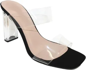 Women's Clear Two Strap Open Toe Block Chunky Slip on Heel Sandals