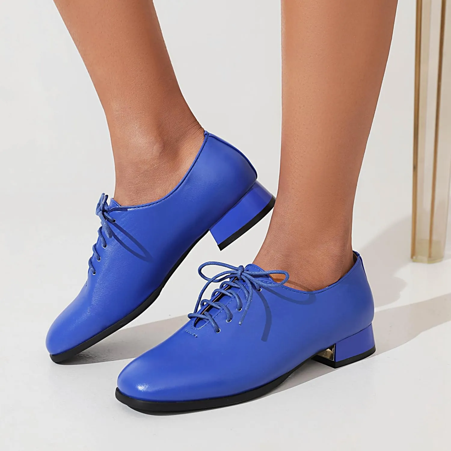 Women's Closed Square Toe Low Heel Oxford Flats Vintage Brogues Lace Up Pumps PU Leather Dress Shoes