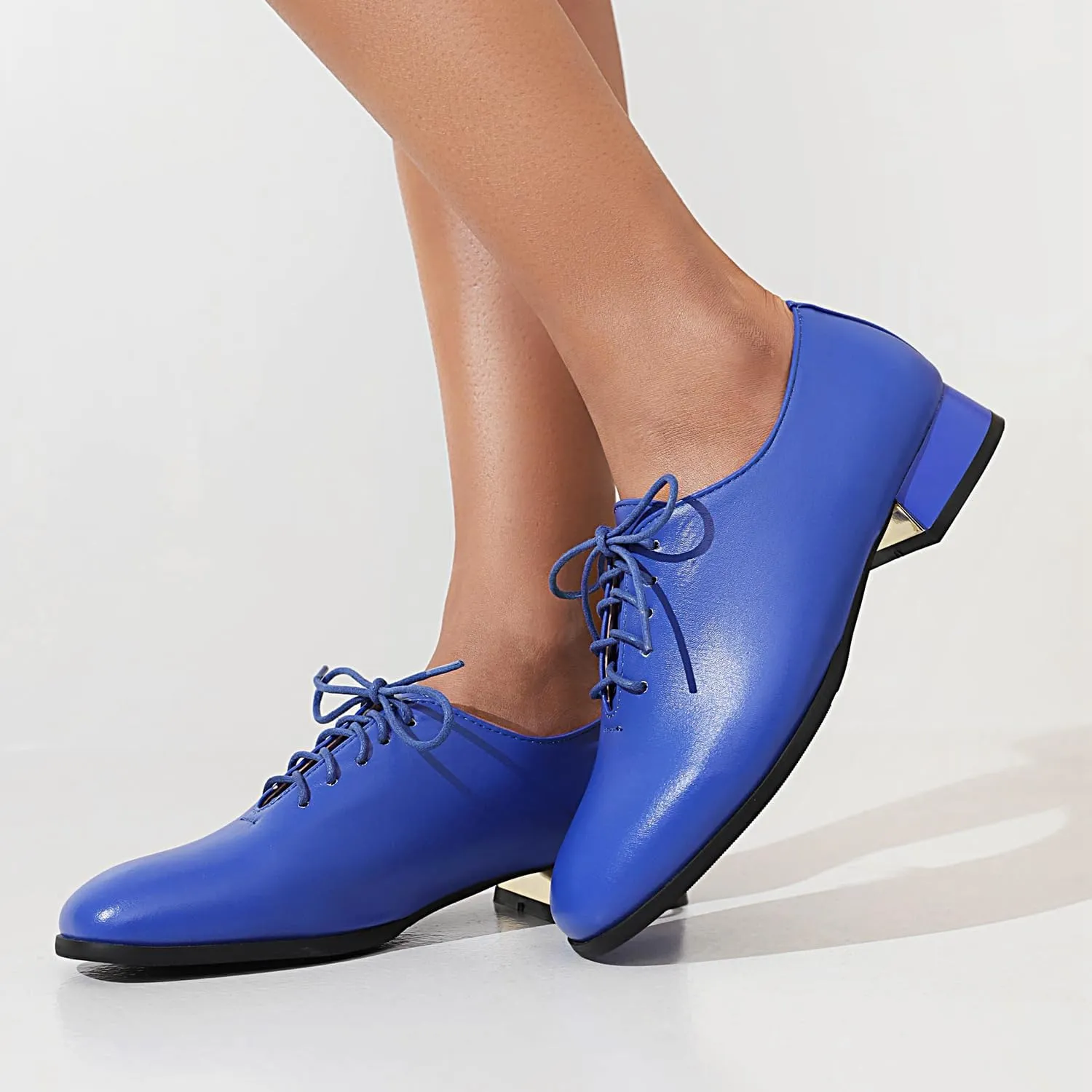 Women's Closed Square Toe Low Heel Oxford Flats Vintage Brogues Lace Up Pumps PU Leather Dress Shoes