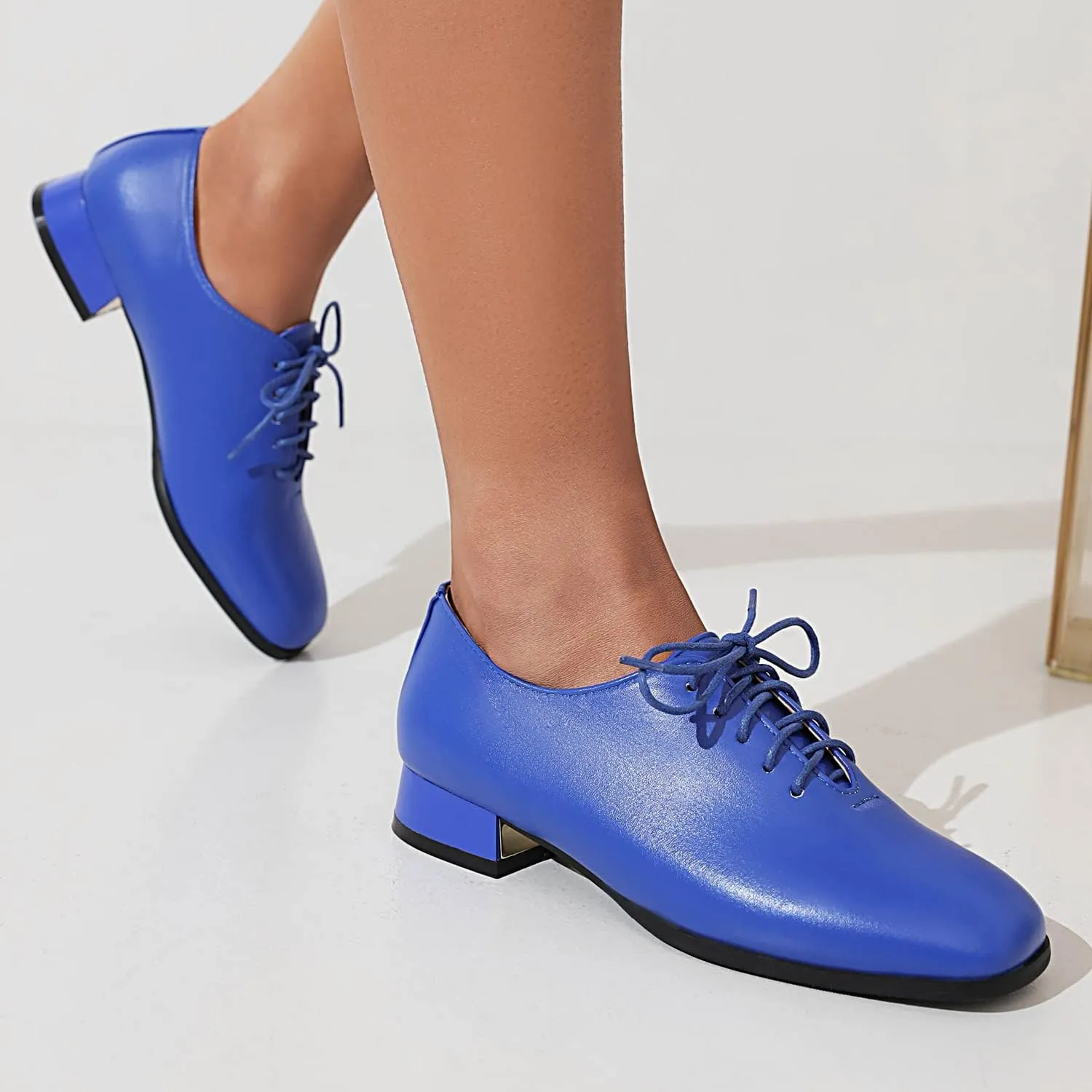 Women's Closed Square Toe Low Heel Oxford Flats Vintage Brogues Lace Up Pumps PU Leather Dress Shoes