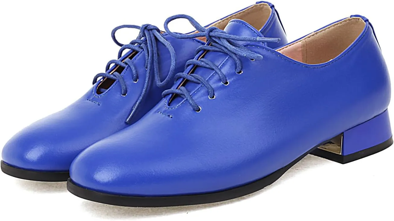 Women's Closed Square Toe Low Heel Oxford Flats Vintage Brogues Lace Up Pumps PU Leather Dress Shoes
