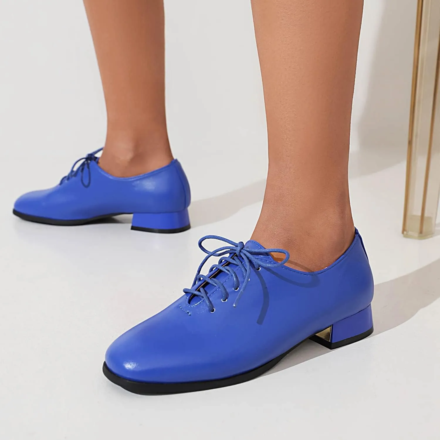 Women's Closed Square Toe Low Heel Oxford Flats Vintage Brogues Lace Up Pumps PU Leather Dress Shoes