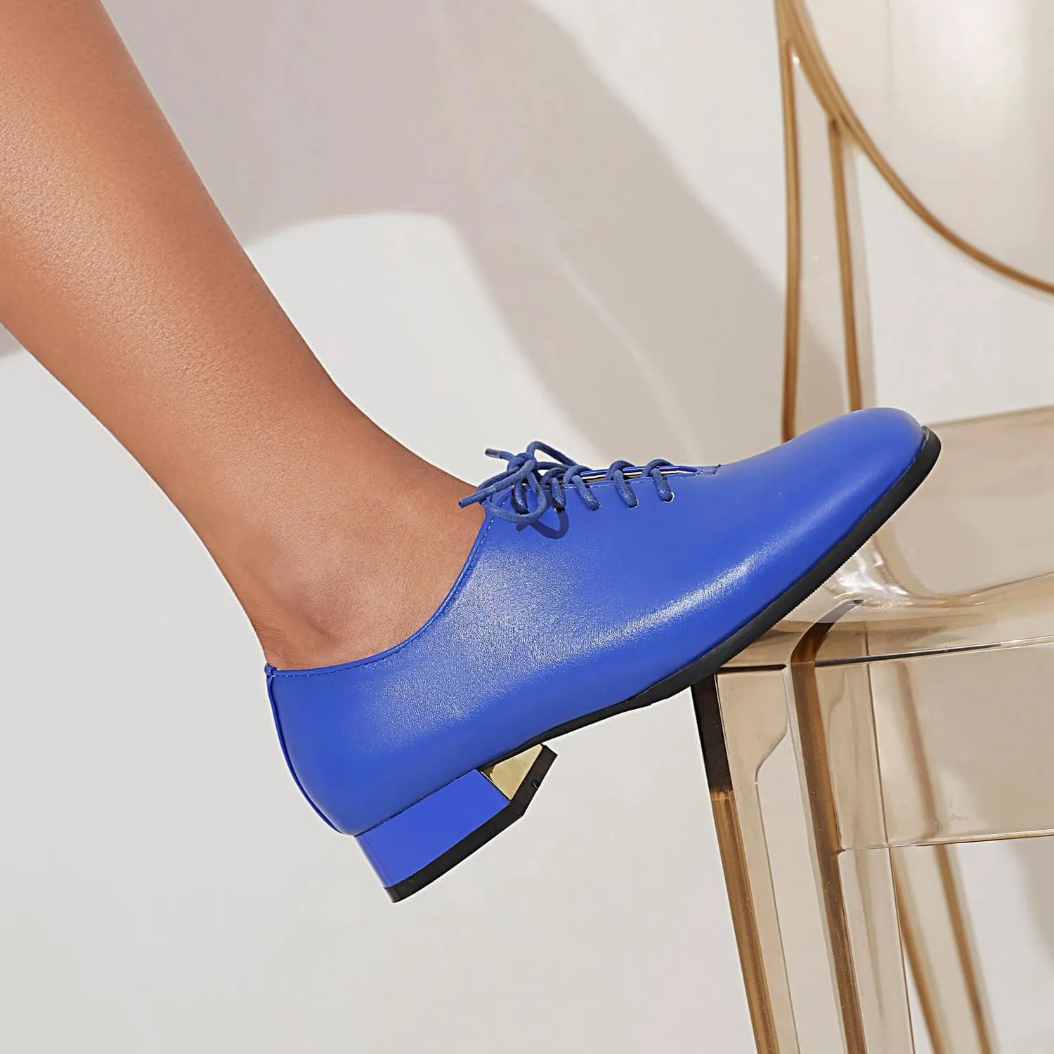 Women's Closed Square Toe Low Heel Oxford Flats Vintage Brogues Lace Up Pumps PU Leather Dress Shoes