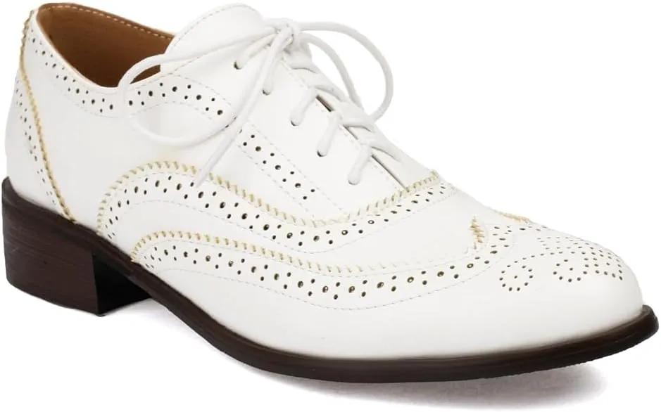 Women's Flat Saddle Oxford Shoes Two Toned Wingtip Perforated Lace Up Low Heel School Uniform Oxfords Brogues
