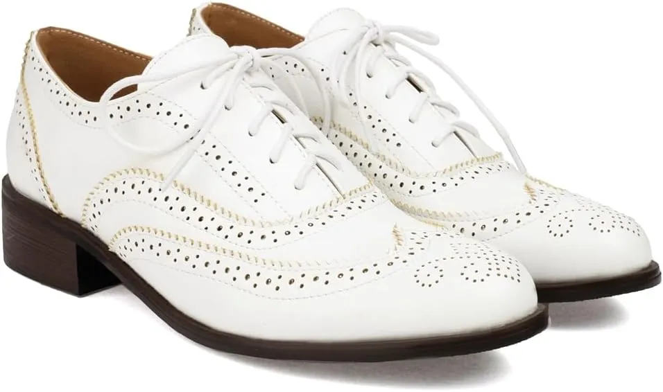 Women's Flat Saddle Oxford Shoes Two Toned Wingtip Perforated Lace Up Low Heel School Uniform Oxfords Brogues