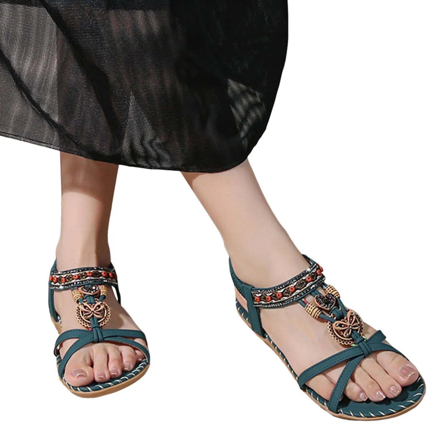 Women's Flat Sandals Comfort Walking with Non Slip Casual Summer Beach Ankle Elastic Jeweled Bohemian