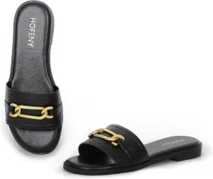 Womens Flat Sandals Round Open Toe Slip On Leather Slides for Summer
