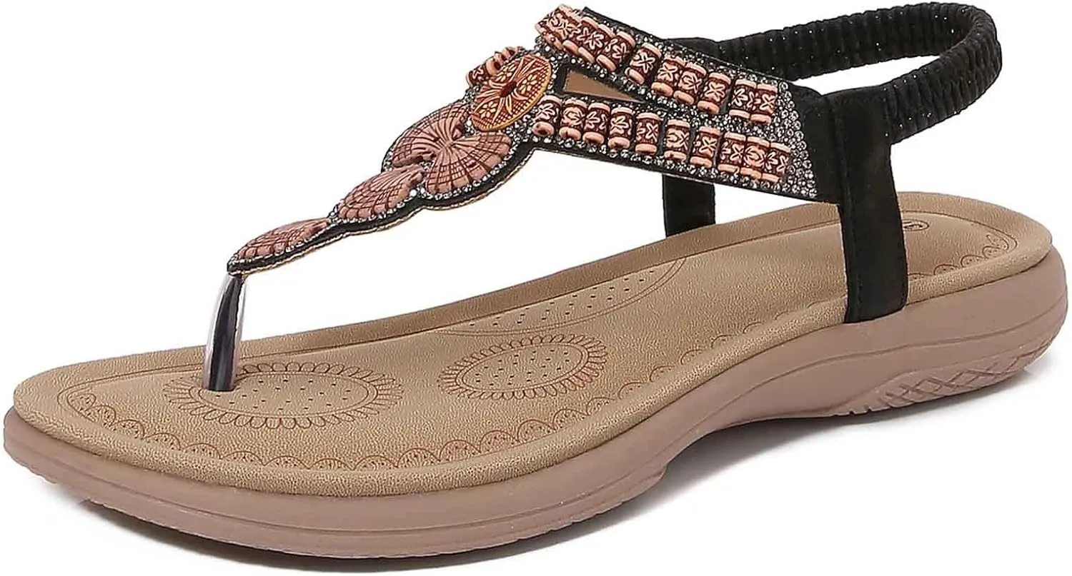 Women's Flat Thong Sandals Dressy 2025 Summer Bohemian Stappy Comfortable Ankle Elastic T-Strap Beach